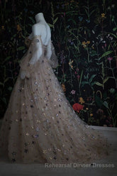 Chic Long Sweetheart Front Split Star Semi Formal Prom Dresses With Sleeves